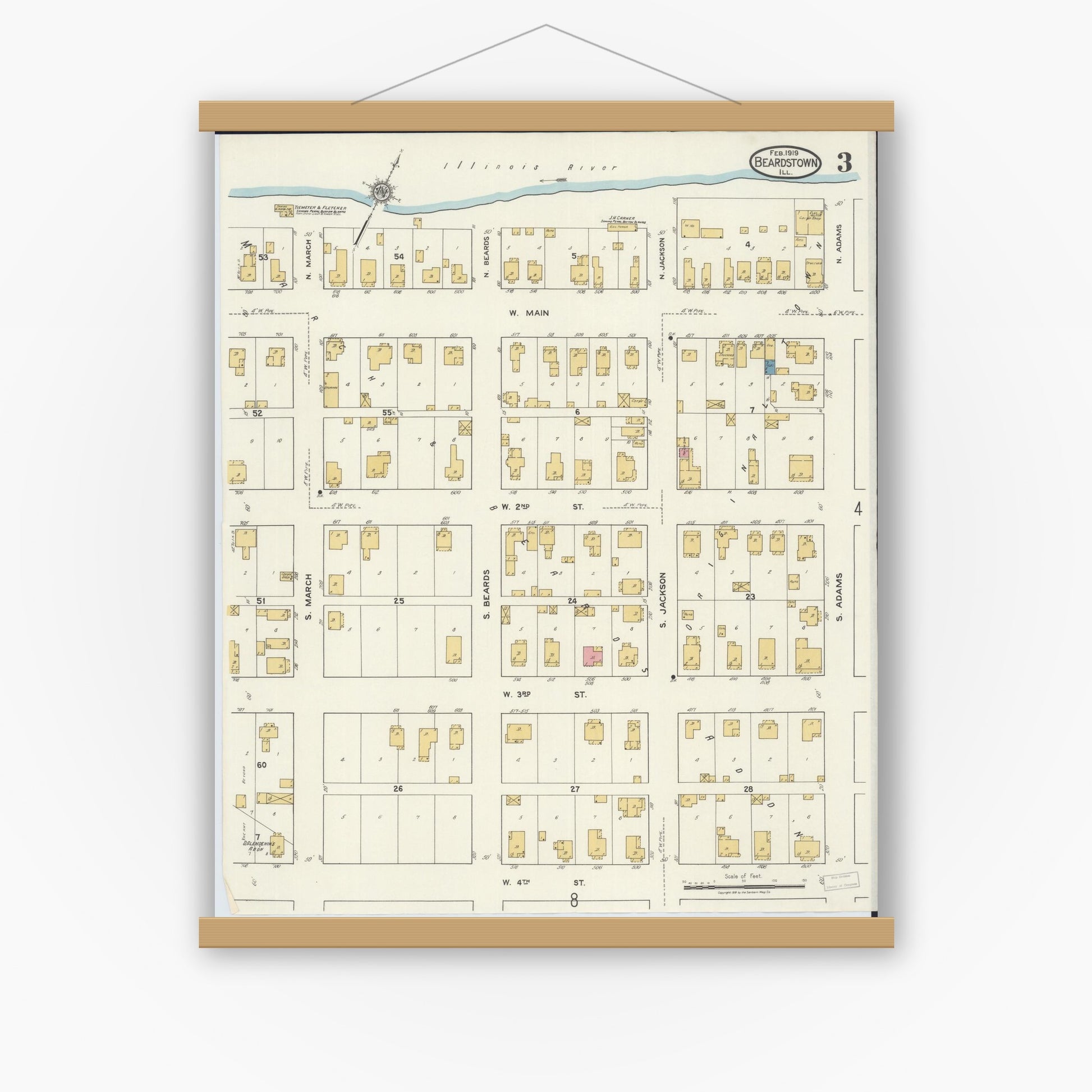 Old map wall art mockup — magnetic wood frame on white wall — Sanborn Fire Insurance Map from Beardstown, Cass County, Illinois (1919), Sheet #0003