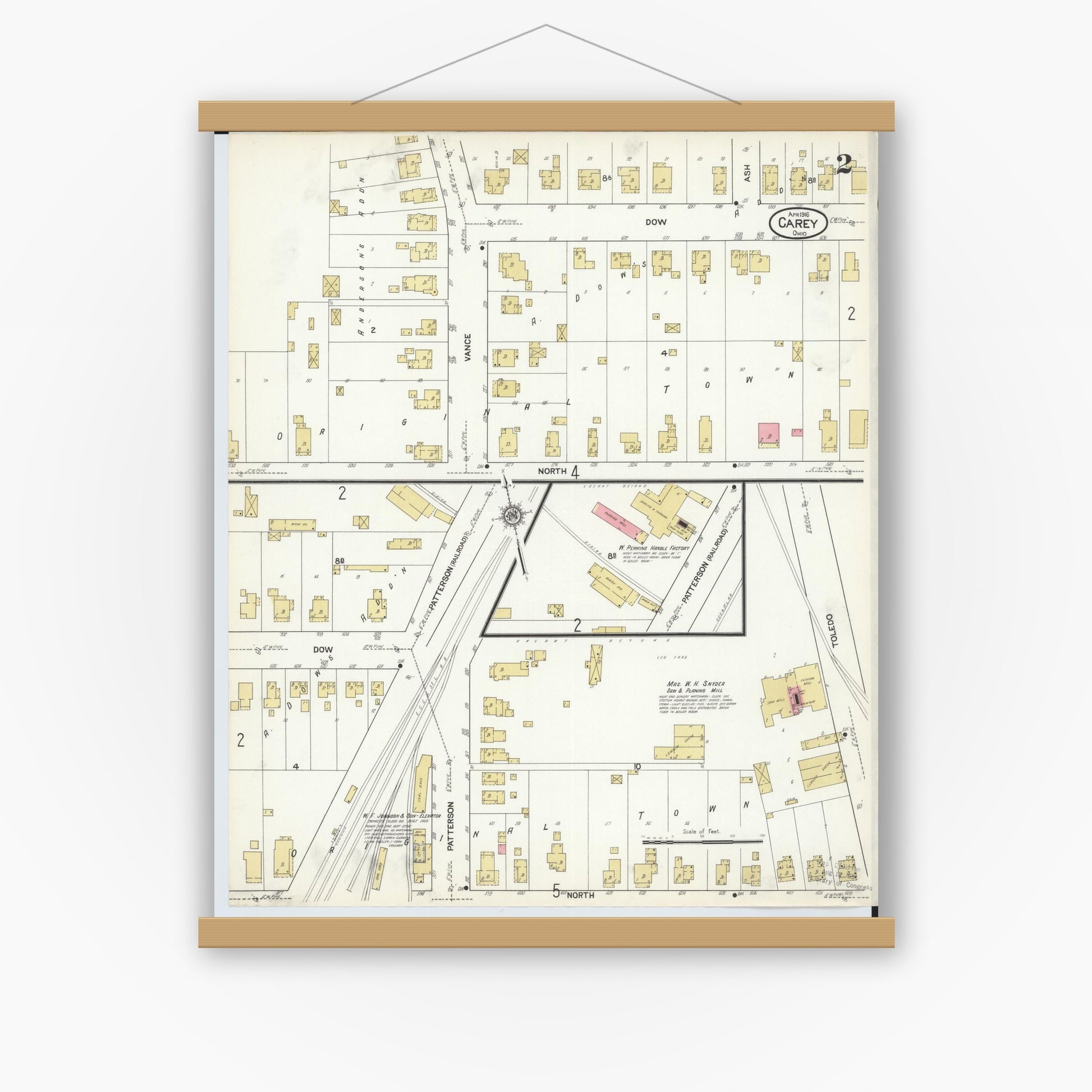 Old map wall art mockup — magnetic wood frame on white wall — Sanborn Fire Insurance Map from Carey, Wyandot County, Ohio (1916), Sheet #0002