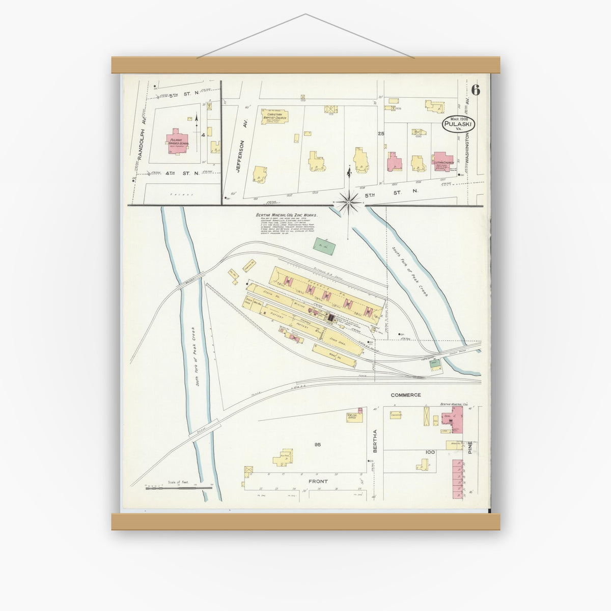 Old map wall art mockup — magnetic wood frame on white wall — Sanborn Fire Insurance Map from Pulaski, Pulaski County, Virginia (1908), Sheet #0006