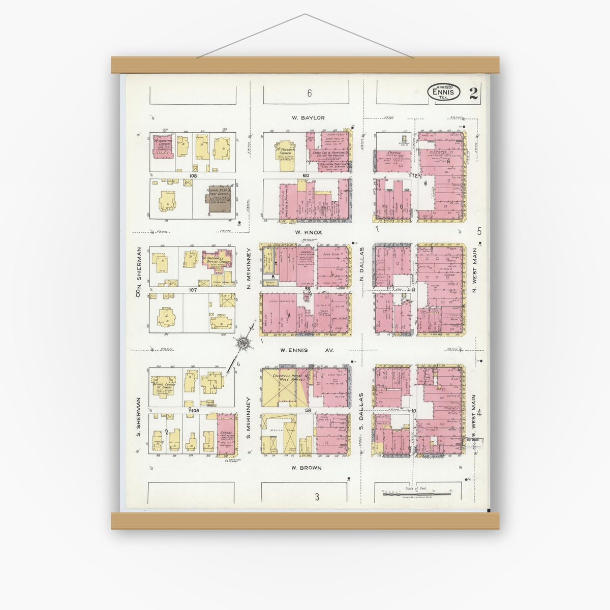 Old map wall art mockup — magnetic wood frame on white wall — Sanborn Fire Insurance Map from Ennis, Ellis County, Texas (1920), Sheet #0002