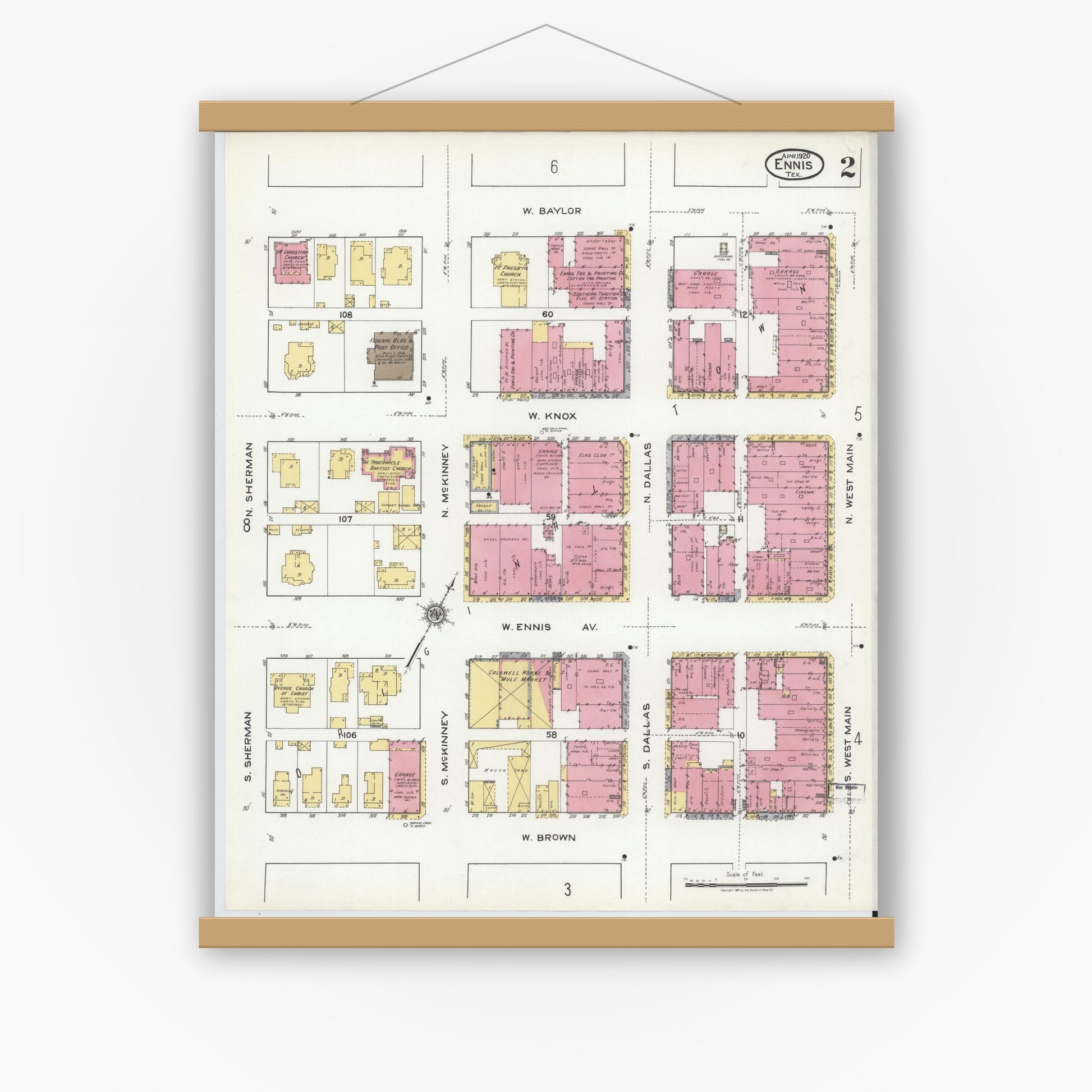Old map wall art mockup — magnetic wood frame on white wall — Sanborn Fire Insurance Map from Ennis, Ellis County, Texas (1920), Sheet #0002