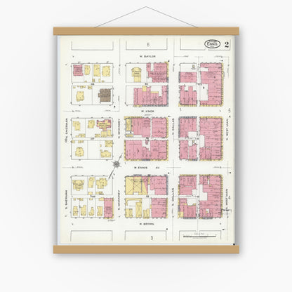 Old map wall art mockup — magnetic wood frame on white wall — Sanborn Fire Insurance Map from Ennis, Ellis County, Texas (1920), Sheet #0002