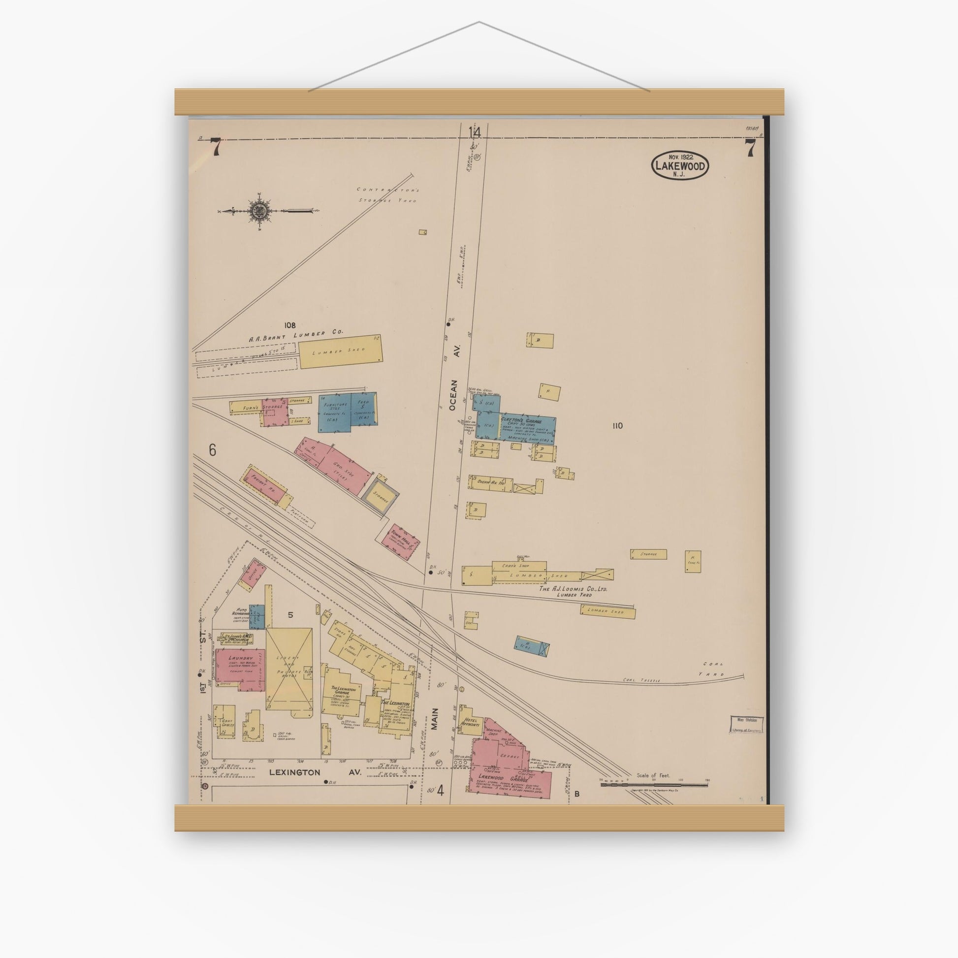 Old map wall art mockup — magnetic wood frame on white wall — Sanborn Fire Insurance Map from Lakewood, Ocean County, New Jersey (1922), Sheet #0007