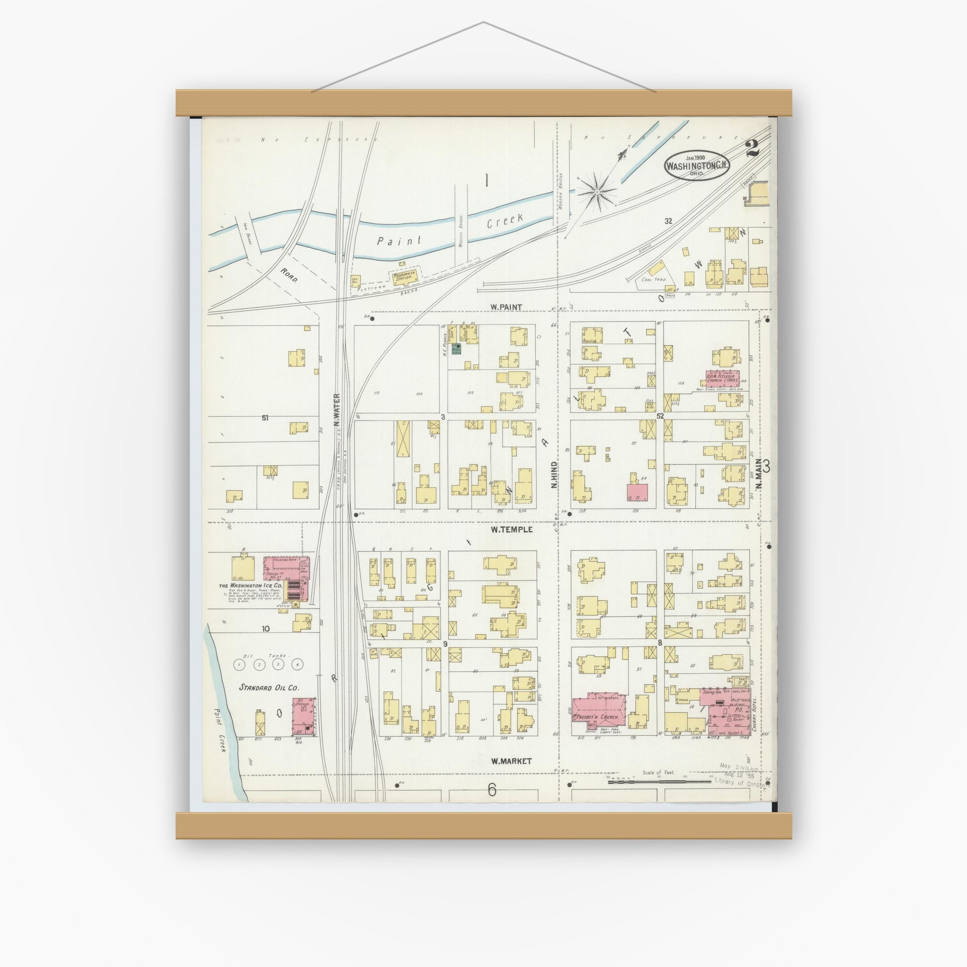 Old map wall art mockup — magnetic wood frame on white wall — Sanborn Fire Insurance Map from Washington Court House, Fayette County, Ohio (1900), Sheet #0002