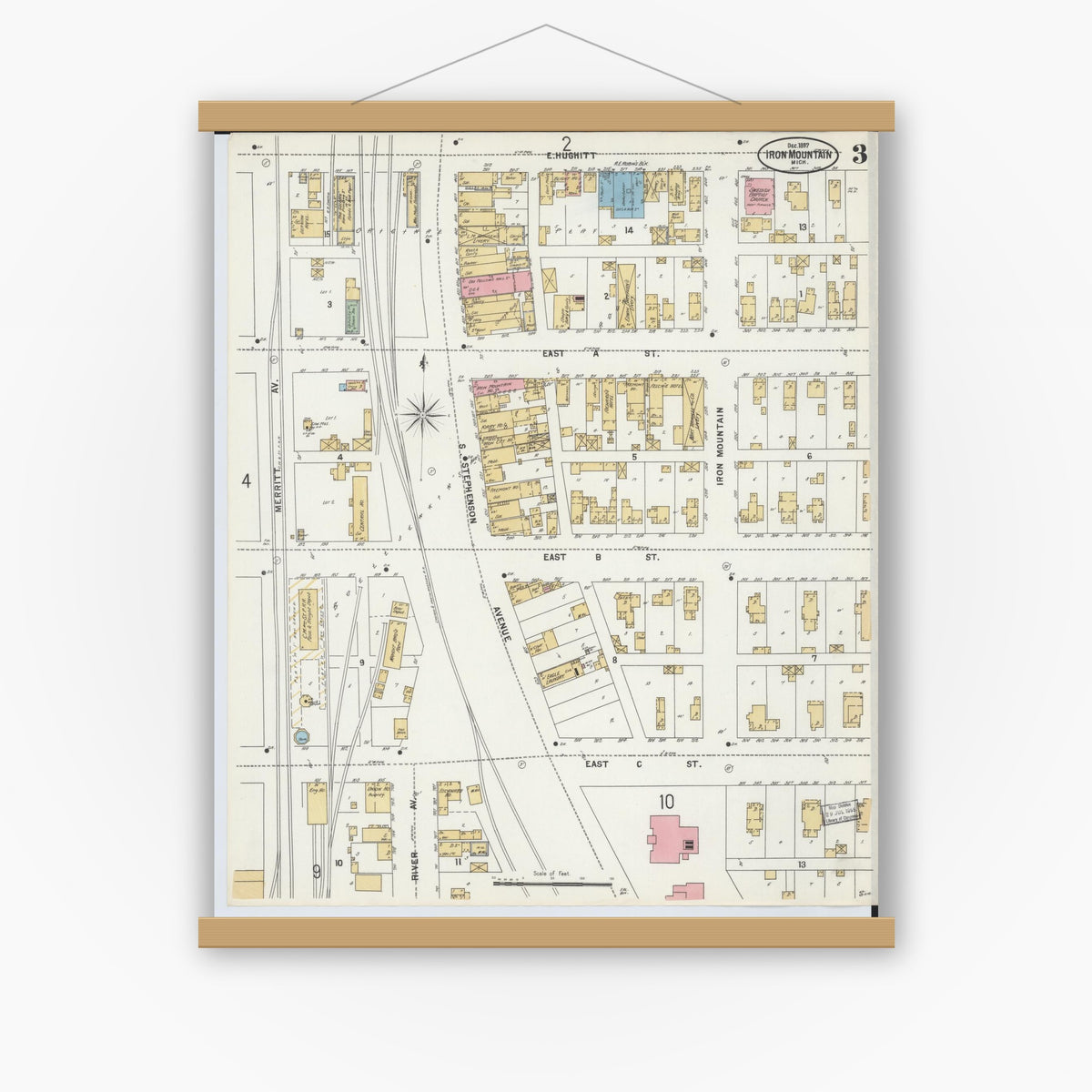 Old map wall art mockup — magnetic wood frame on white wall — Sanborn Fire Insurance Map from Iron Mountain, Dickinson County, Michigan (1897), Sheet #0003