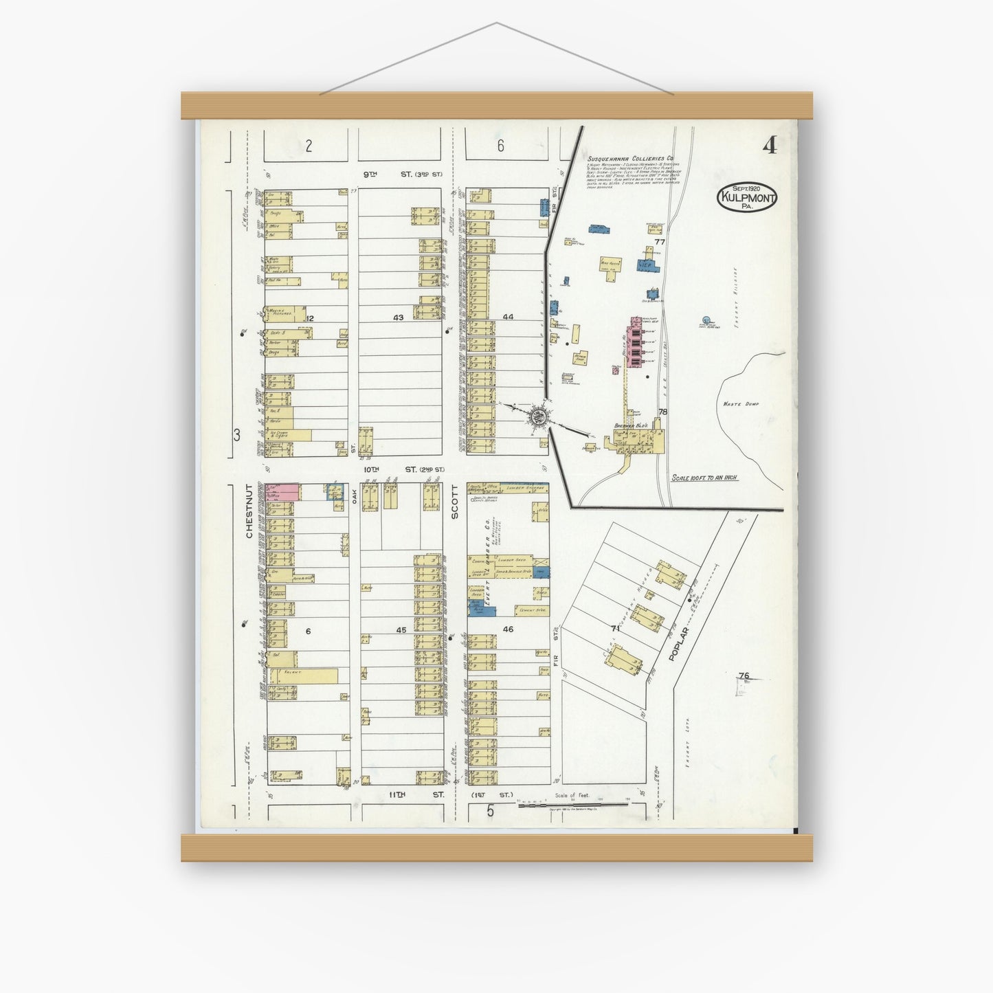 Old map wall art mockup — magnetic wood frame on white wall — Sanborn Fire Insurance Map from Kulpmont, Northumberland County, Pennsylvania (1920), Sheet #0004