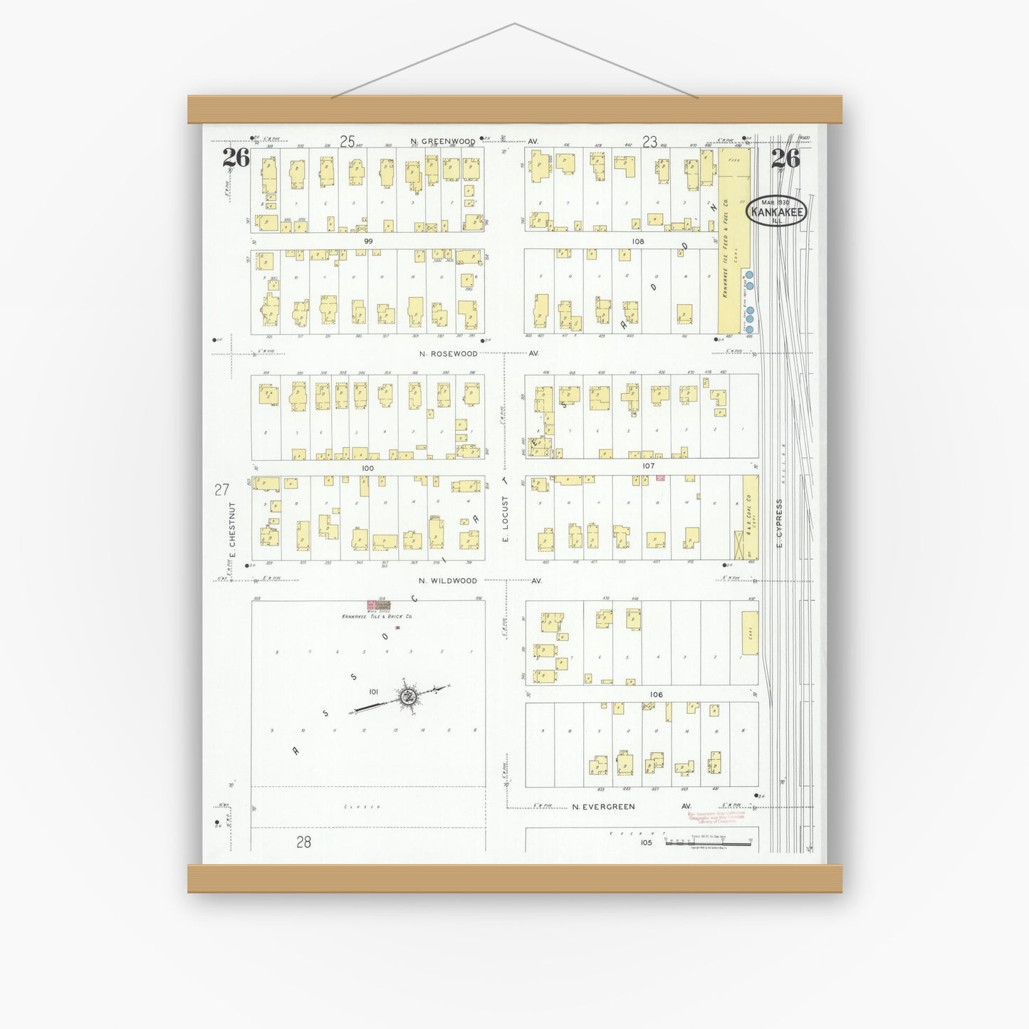 Old map wall art mockup — magnetic wood frame on white wall — Sanborn Fire Insurance Map from Kankakee, Kankakee County, Illinois (1930), Sheet #0026
