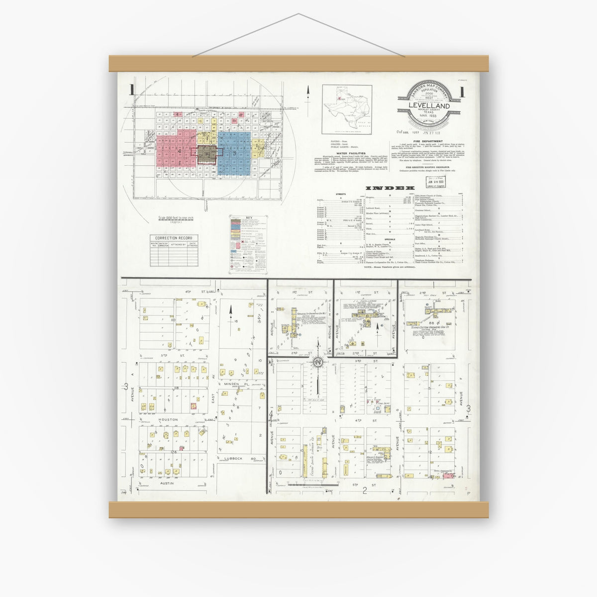 Old map wall art mockup — magnetic wood frame on white wall — Sanborn Fire Insurance Map from Levelland, Hockley County, Texas (1933) - Complete Map Set