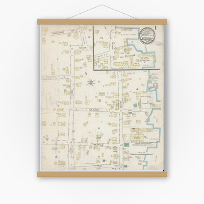 Old map wall art mockup — magnetic wood frame on white wall — Sanborn Fire Insurance Map from Somerset, Bristol County, Massachusetts (1885) - Complete Map Set