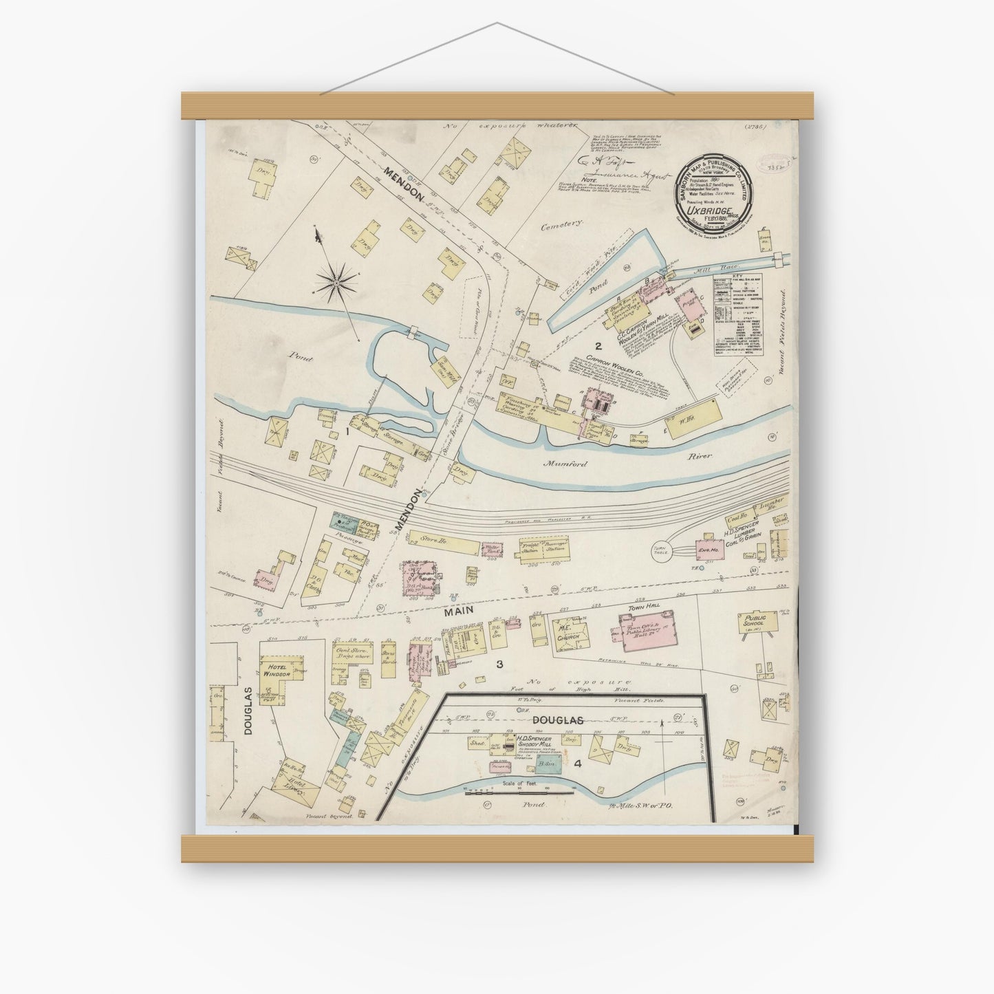 Old map wall art mockup — magnetic wood frame on white wall — Sanborn Fire Insurance Map from Uxbridge, Worcester County, Massachusetts (1888), Sheet #0001