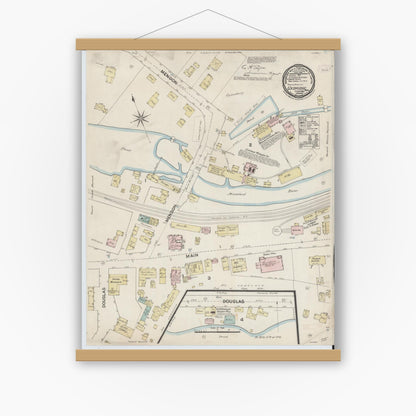 Old map wall art mockup — magnetic wood frame on white wall — Sanborn Fire Insurance Map from Uxbridge, Worcester County, Massachusetts (1888), Sheet #0001