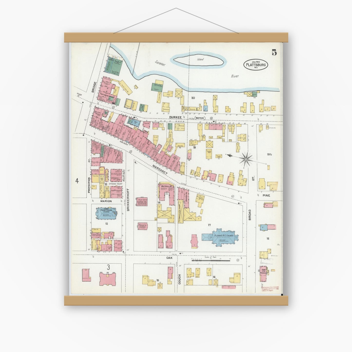 Old map wall art mockup — magnetic wood frame on white wall — Sanborn Fire Insurance Map from Plattsburg, Clinton County, New York (1902), Sheet #0005