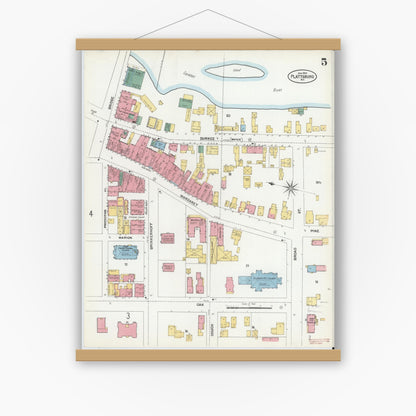 Old map wall art mockup — magnetic wood frame on white wall — Sanborn Fire Insurance Map from Plattsburg, Clinton County, New York (1902), Sheet #0005