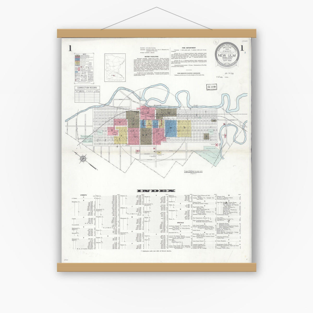 Old map wall art mockup — magnetic wood frame on white wall — Sanborn Fire Insurance Map from New Ulm, Brown County, Minnesota (1935) - Complete Map Set