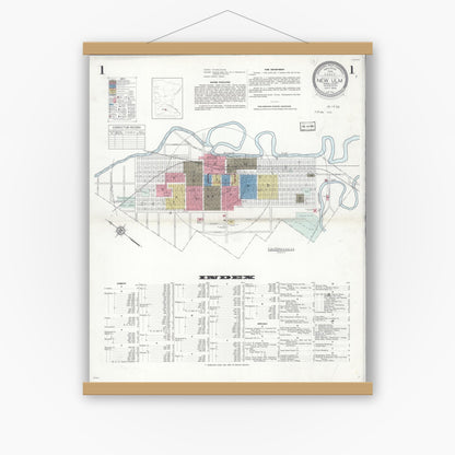 Old map wall art mockup — magnetic wood frame on white wall — Sanborn Fire Insurance Map from New Ulm, Brown County, Minnesota (1935) - Complete Map Set