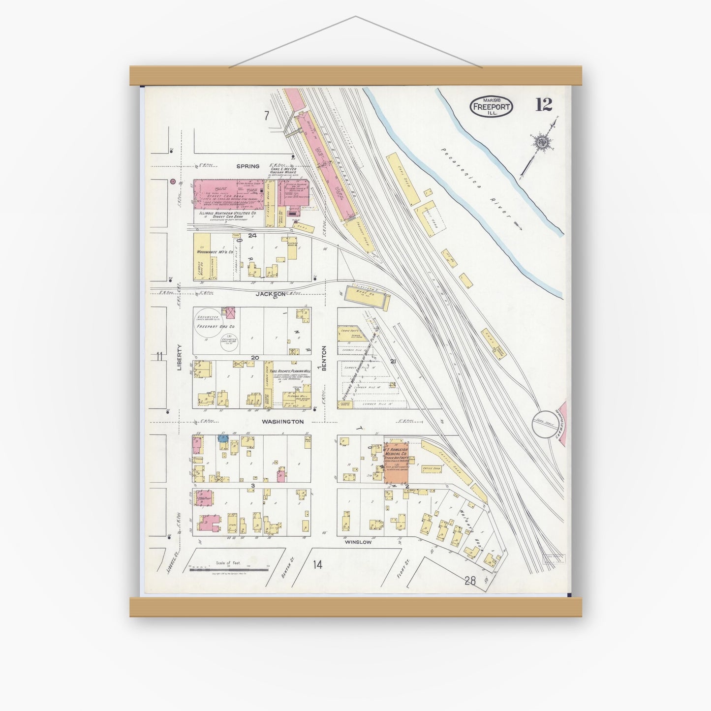 Old map wall art mockup — magnetic wood frame on white wall — Sanborn Fire Insurance Map from Freeport, Stephenson County, Illinois (1918), Sheet #0012