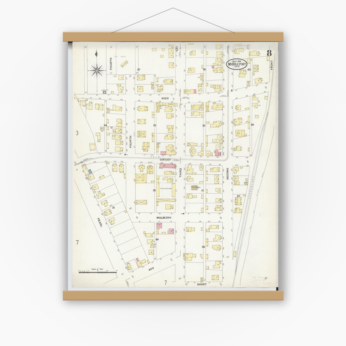 Old map wall art mockup — magnetic wood frame on white wall — Sanborn Fire Insurance Map from Middleport, Meigs County, Ohio (1908), Sheet #0008