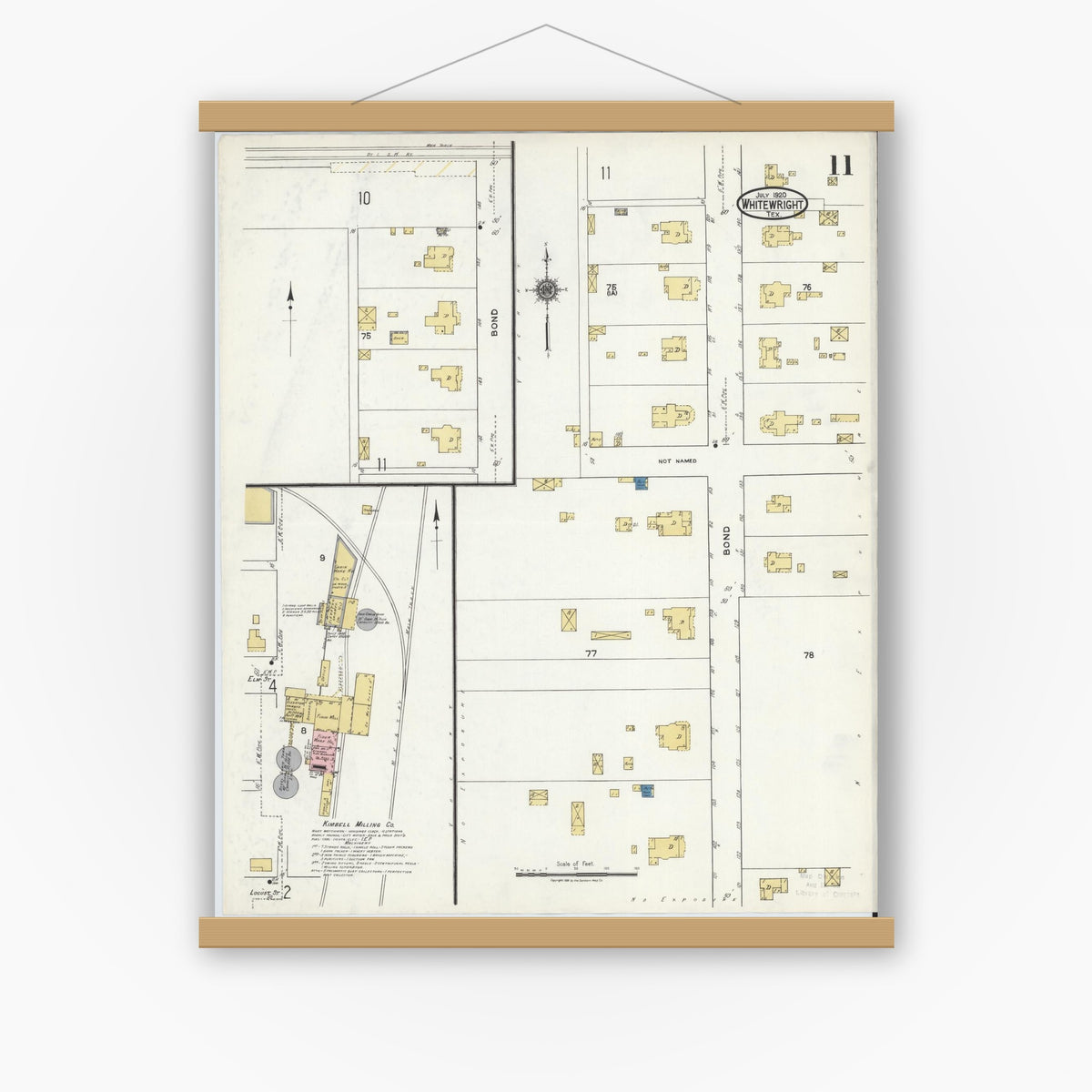Old map wall art mockup — magnetic wood frame on white wall — Sanborn Fire Insurance Map from Whitewright, Grayson County, Texas (1920), Sheet #0011