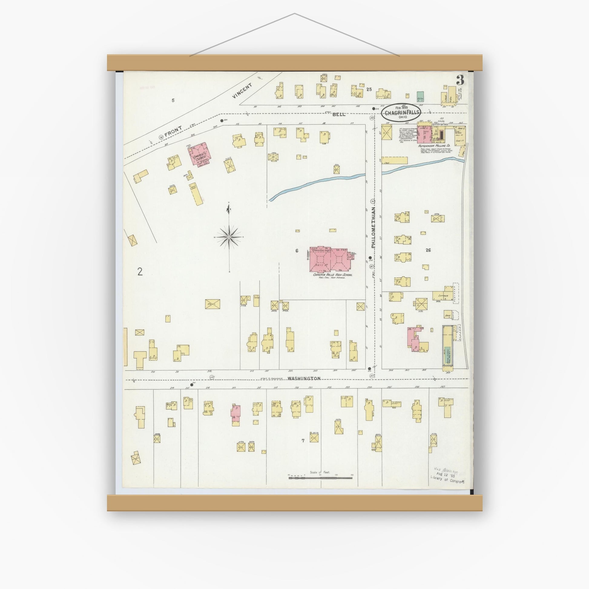 Old map wall art mockup — magnetic wood frame on white wall — Sanborn Fire Insurance Map from Chagrin Falls, Cuyahoga County, Ohio (1899), Sheet #0003