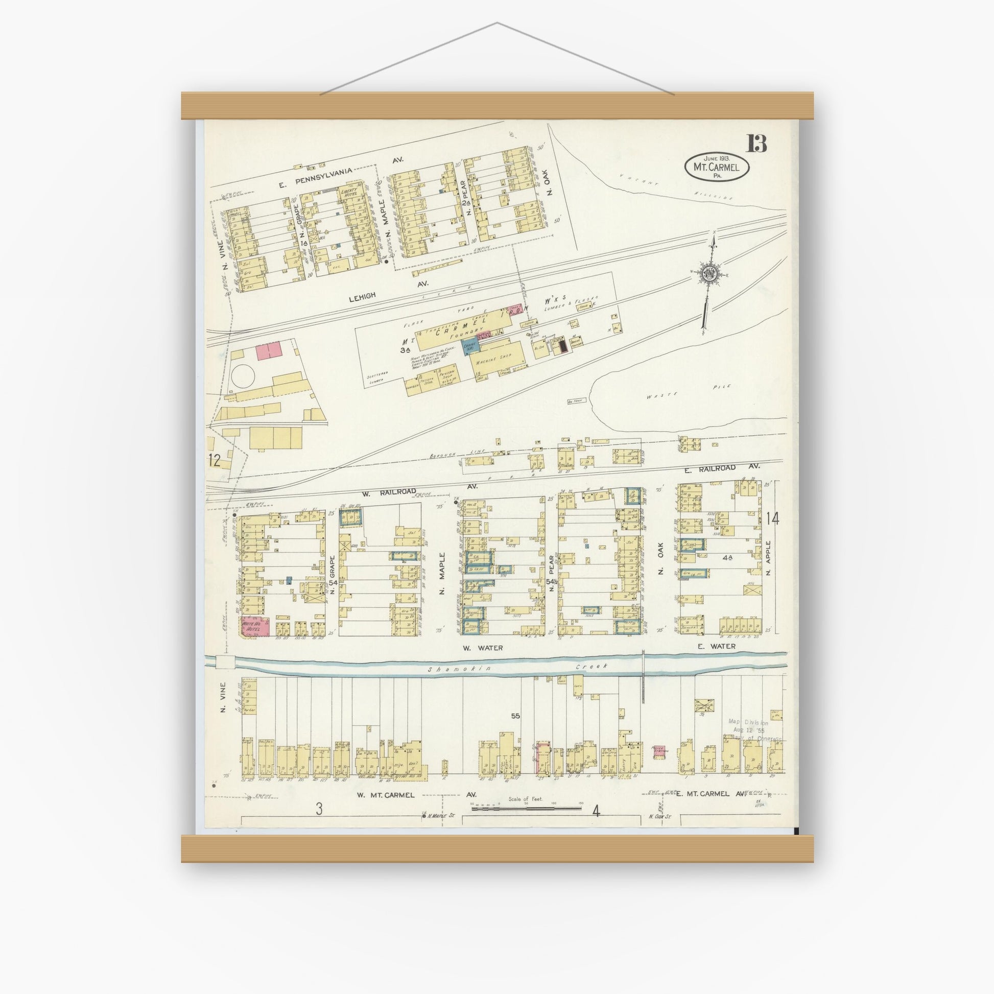Old map wall art mockup — magnetic wood frame on white wall — Sanborn Fire Insurance Map from Mount Carmel, Northumberland County, Pennsylvania (1913), Sheet #0013