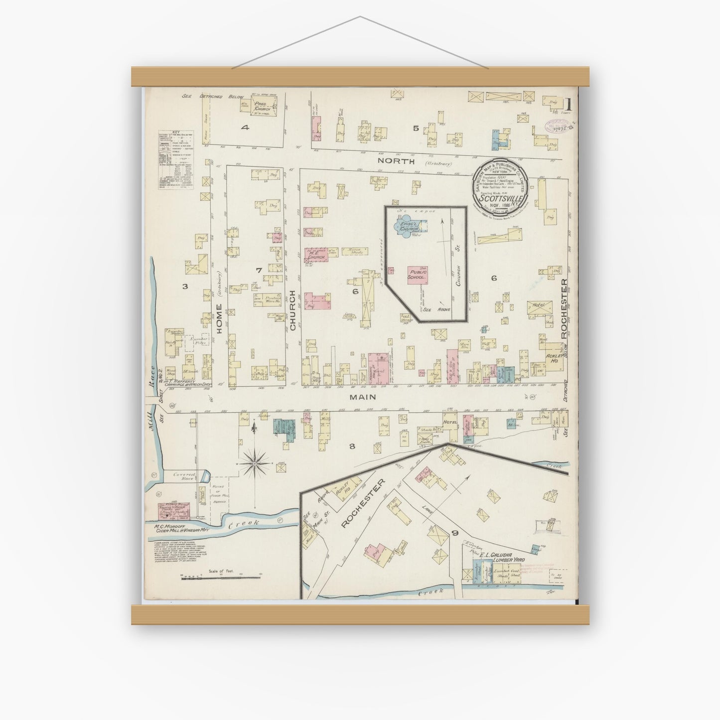 Old map wall art mockup — magnetic wood frame on white wall — Sanborn Fire Insurance Map from Scottsville, Monroe County, New York (1885), Sheet #0001