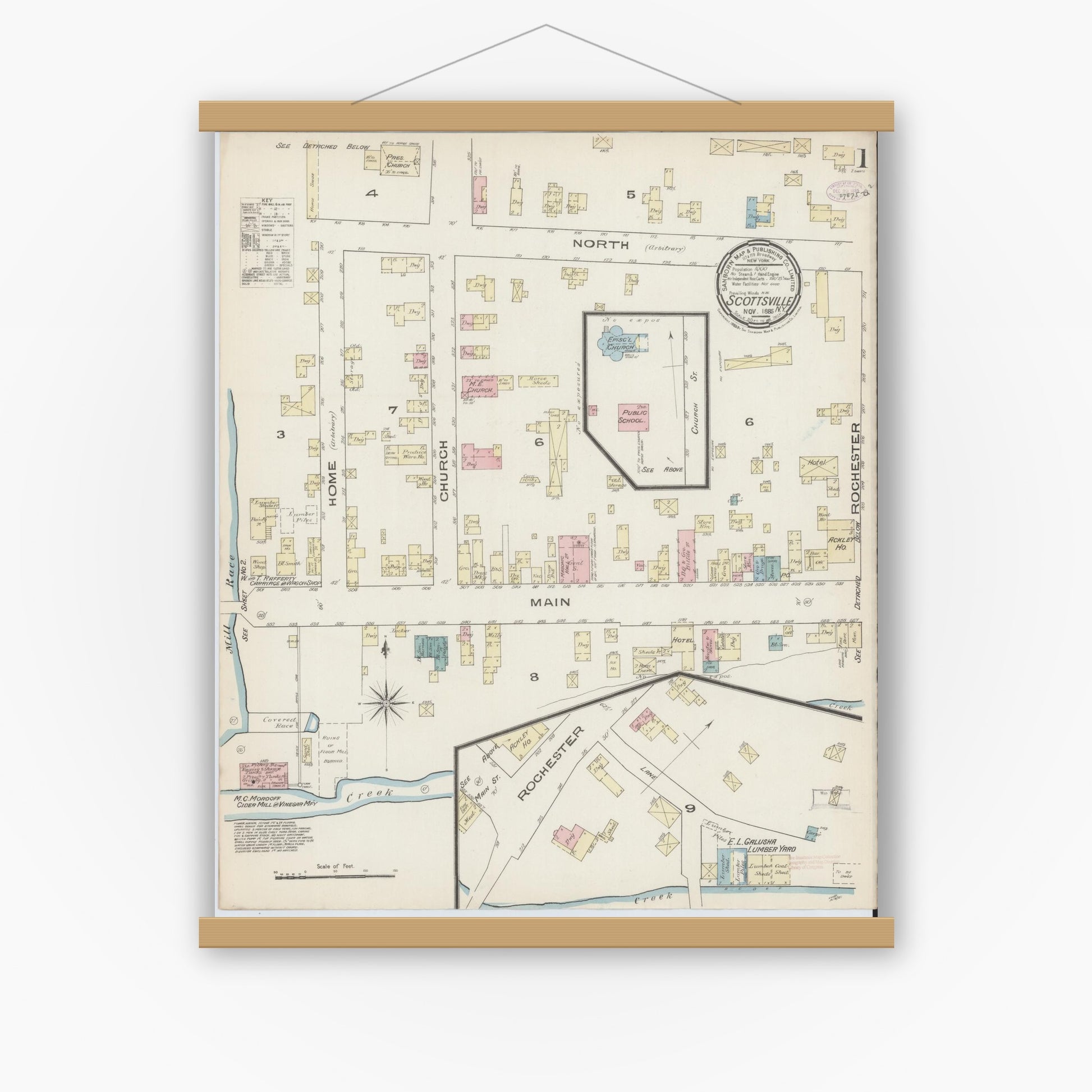 Old map wall art mockup — magnetic wood frame on white wall — Sanborn Fire Insurance Map from Scottsville, Monroe County, New York (1885), Sheet #0001