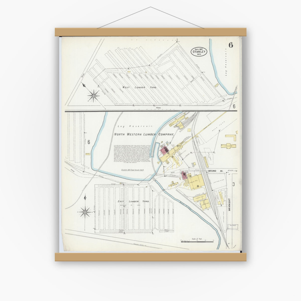 Old map wall art mockup — magnetic wood frame on white wall — Sanborn Fire Insurance Map from Stanley, Chippewa County, Wisconsin (1907), Sheet #0006