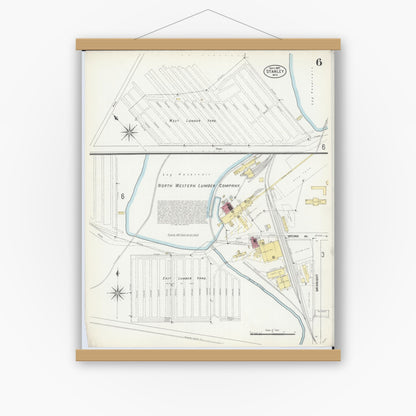 Old map wall art mockup — magnetic wood frame on white wall — Sanborn Fire Insurance Map from Stanley, Chippewa County, Wisconsin (1907), Sheet #0006