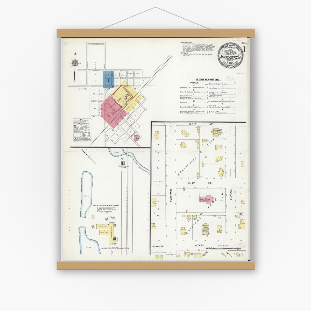 Old map wall art mockup — magnetic wood frame on white wall — Sanborn Fire Insurance Map from Morrisonville, Christian County, Illinois (1909), Sheet #0001