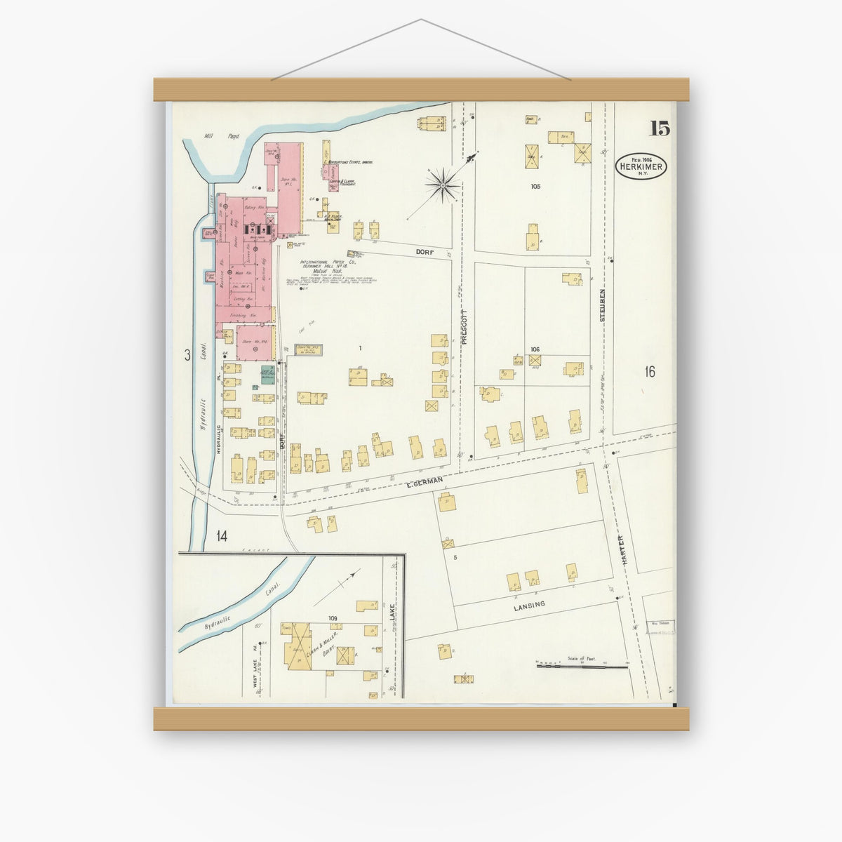 Old map wall art mockup — magnetic wood frame on white wall — Sanborn Fire Insurance Map from Herkimer, Herkimer County, New York (1906), Sheet #0015