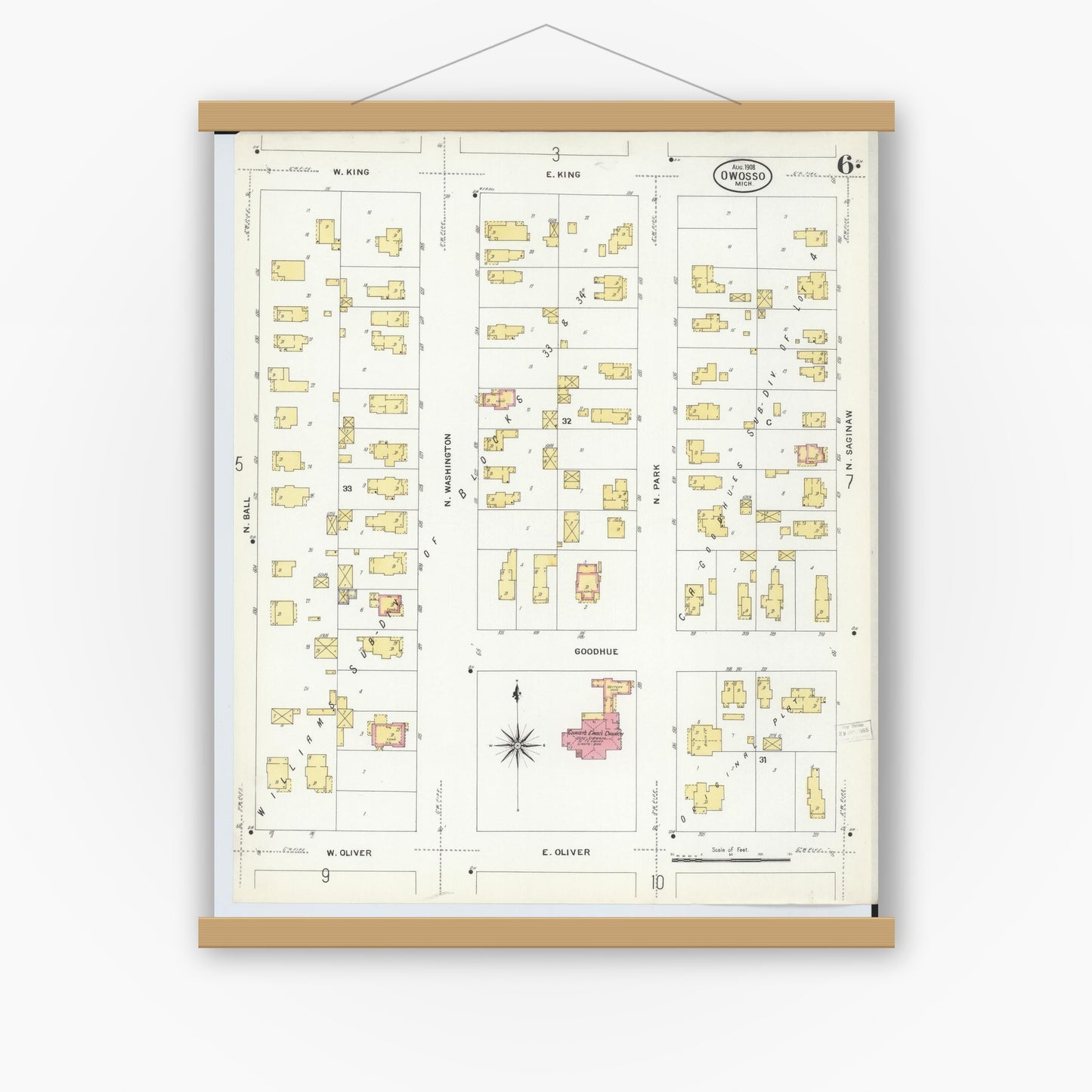 Old map wall art mockup — magnetic wood frame on white wall — Sanborn Fire Insurance Map from Owosso, Shiawassee County, Michigan (1908), Sheet #0006