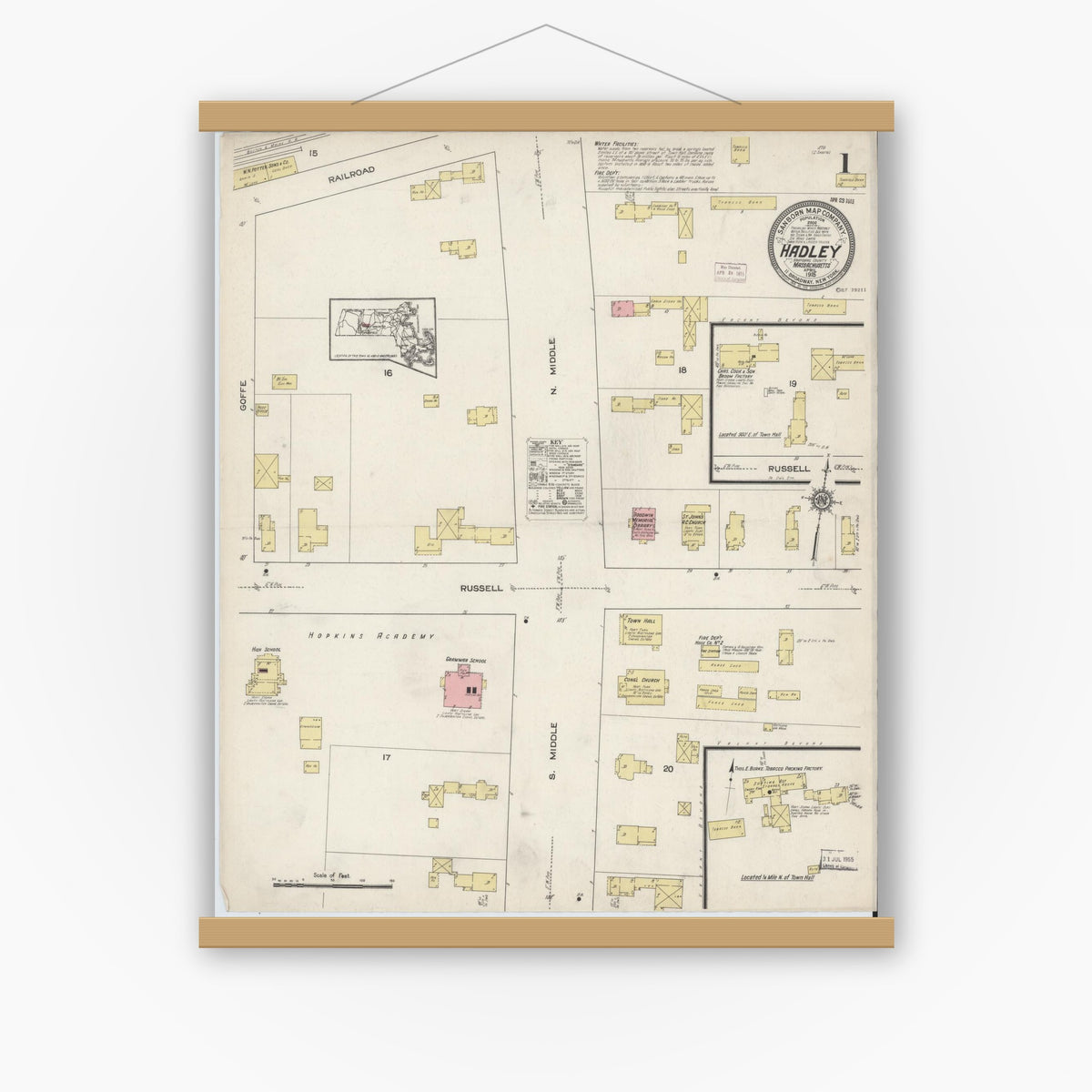 Old map wall art mockup — magnetic wood frame on white wall — Sanborn Fire Insurance Map from Hadley, Hampshire County, Massachusetts (1915) - Complete Map Set