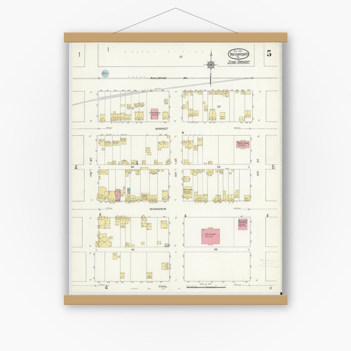 Old map wall art mockup — magnetic wood frame on white wall — Sanborn Fire Insurance Map from Trevorton Post Office, Northumberland County, Pennsylvania (1913), Sheet #0005