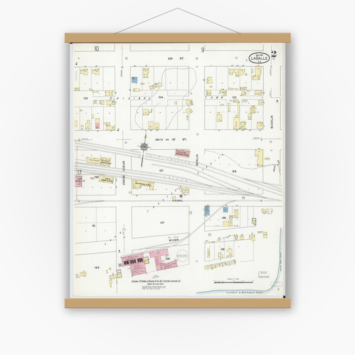 Old map wall art mockup — magnetic wood frame on white wall — Sanborn Fire Insurance Map from La Salle, La Salle County, Illinois (1911), Sheet #0002