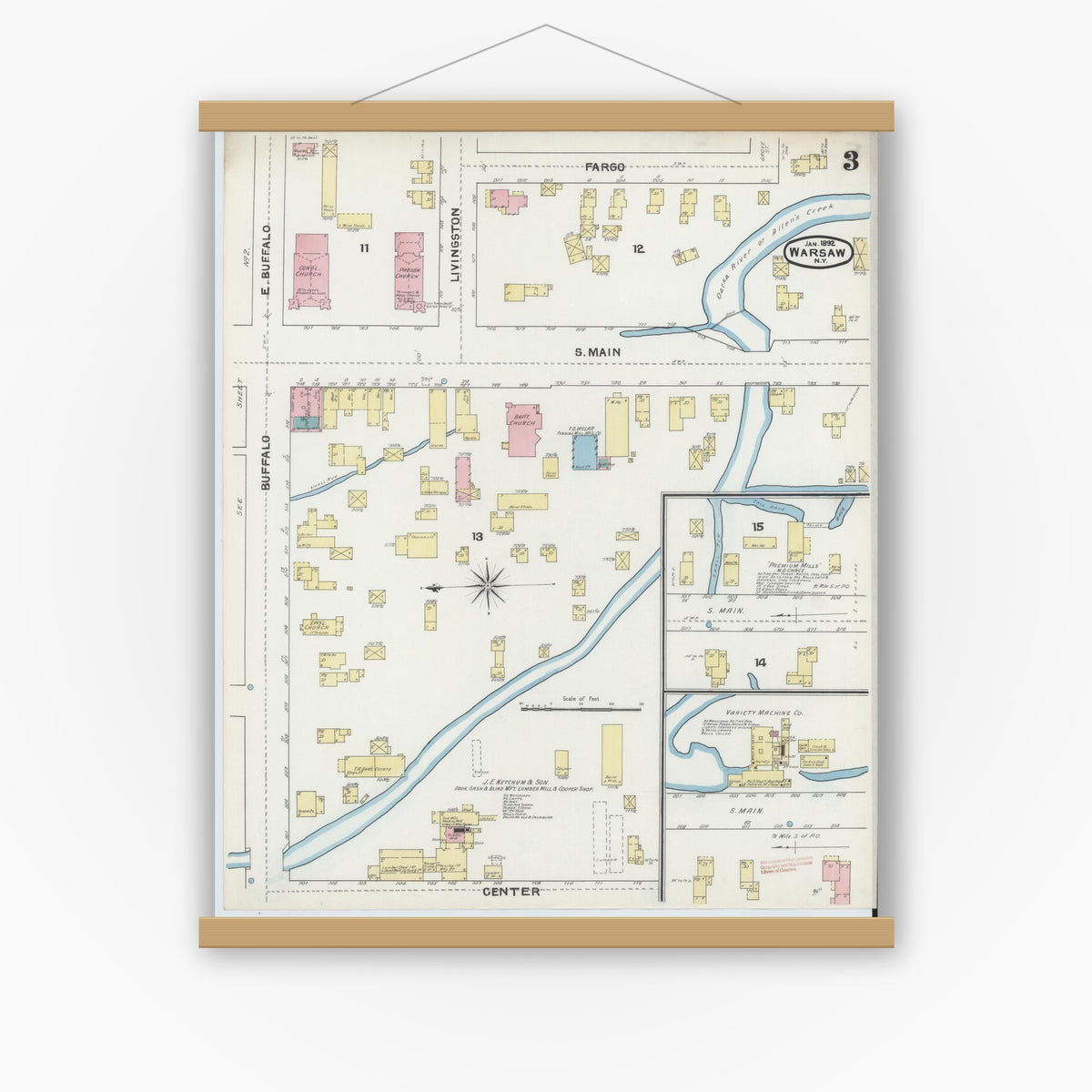 Old map wall art mockup — magnetic wood frame on white wall — Sanborn Fire Insurance Map from Warsaw, Wyoming County, New York (1892), Sheet #0003