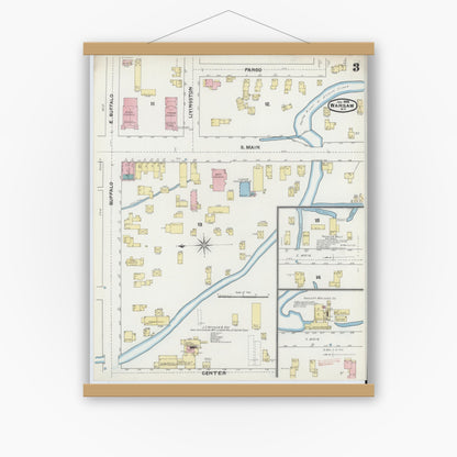 Old map wall art mockup — magnetic wood frame on white wall — Sanborn Fire Insurance Map from Warsaw, Wyoming County, New York (1892), Sheet #0003