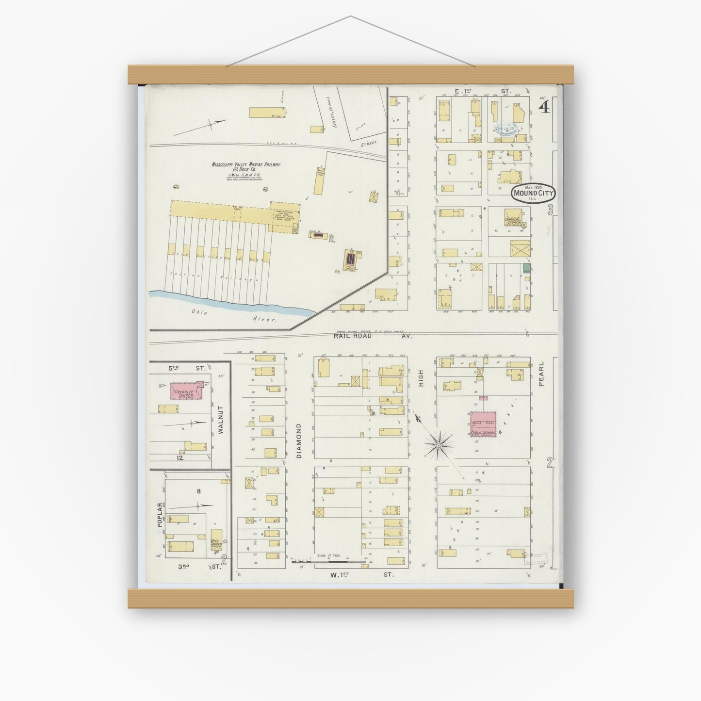Old map wall art mockup — magnetic wood frame on white wall — Sanborn Fire Insurance Map from Mound City, Pulaski County, Illinois (1894), Sheet #0004