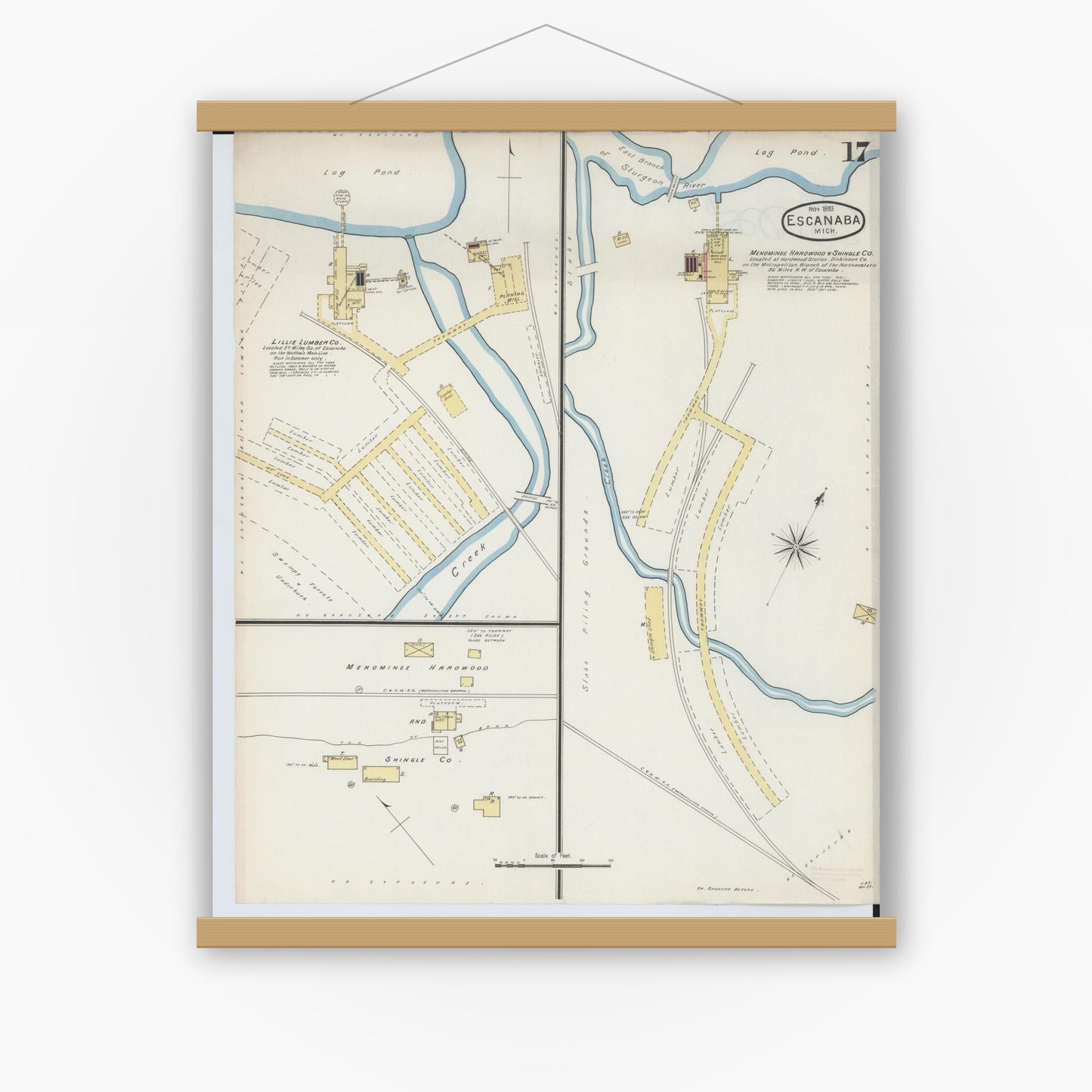 Old map wall art mockup — magnetic wood frame on white wall — Sanborn Fire Insurance Map from Escanaba, Delta County, Michigan (1893), Sheet #0017
