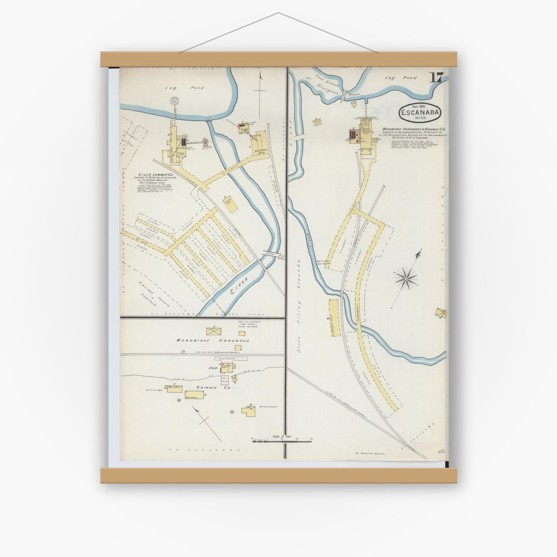 Old map wall art mockup — magnetic wood frame on white wall — Sanborn Fire Insurance Map from Escanaba, Delta County, Michigan (1893), Sheet #0017