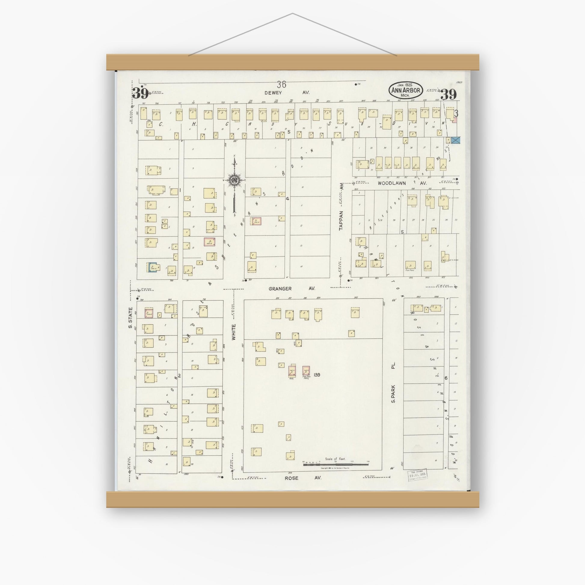 Old map wall art mockup — magnetic wood frame on white wall — Sanborn Fire Insurance Map from Ann Arbor, Washtenaw County, Michigan (1925), Sheet #0039