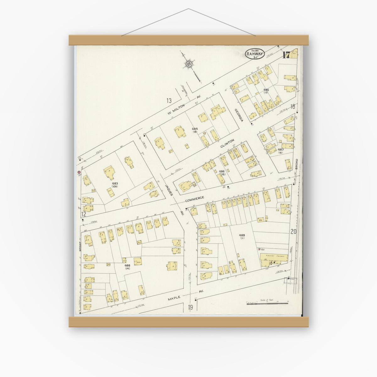 Old map wall art mockup — magnetic wood frame on white wall — Sanborn Fire Insurance Map from Rahway, Union County, New Jersey (1915), Sheet #0017