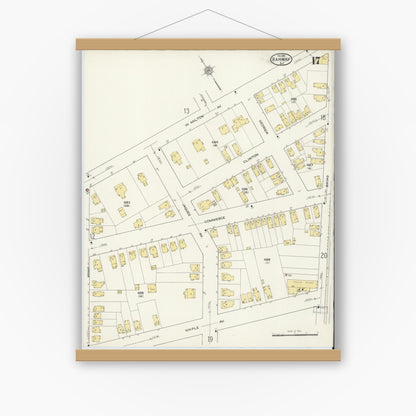 Old map wall art mockup — magnetic wood frame on white wall — Sanborn Fire Insurance Map from Rahway, Union County, New Jersey (1915), Sheet #0017