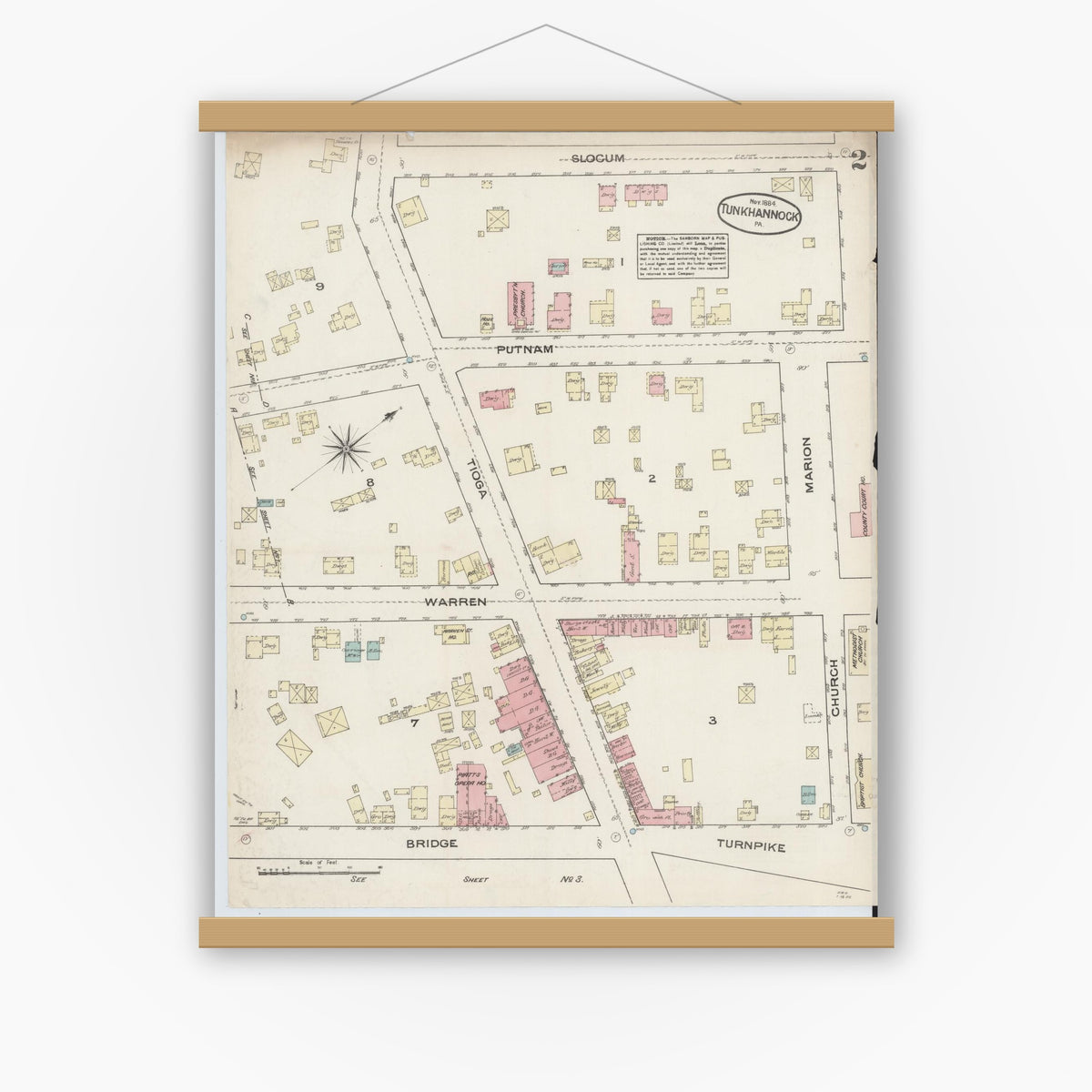 Old map wall art mockup — magnetic wood frame on white wall — Sanborn Fire Insurance Map from Tunkhannock, Wyoming County, Pennsylvania (1884), Sheet #0002