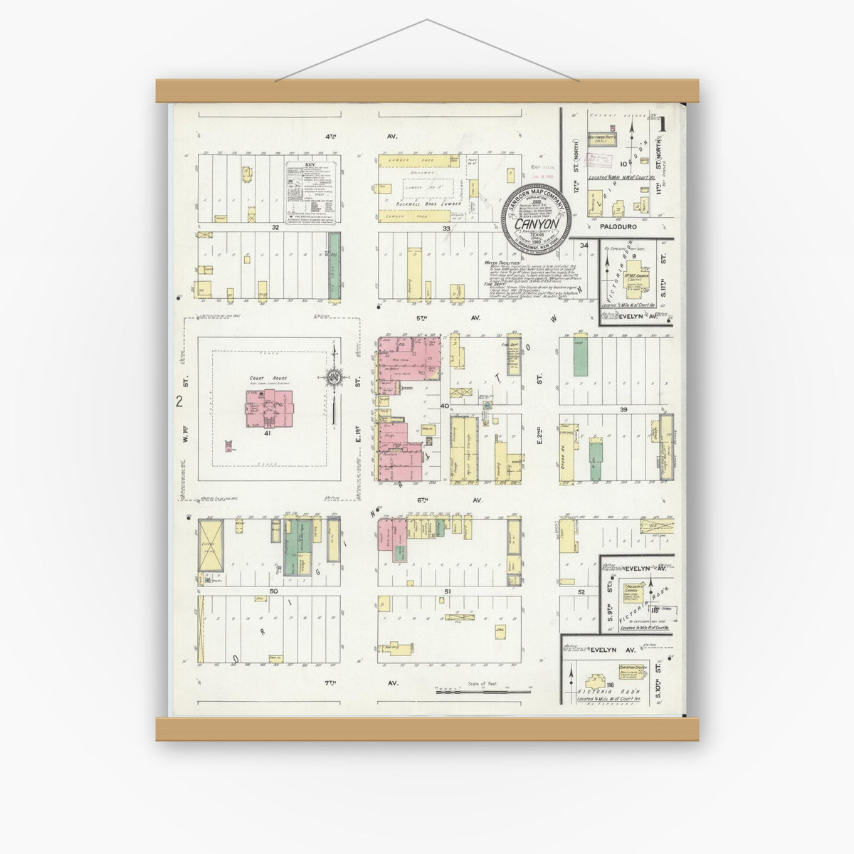 Old map wall art mockup — magnetic wood frame on white wall — Sanborn Fire Insurance Map from Canyon, Randall County, Texas (1910), Sheet #0001