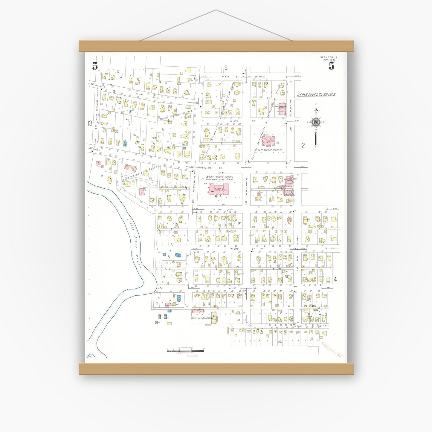 Old map wall art mockup — magnetic wood frame on white wall — Sanborn Fire Insurance Map from Spencer, Clay County, Iowa (1941), Sheet #0005