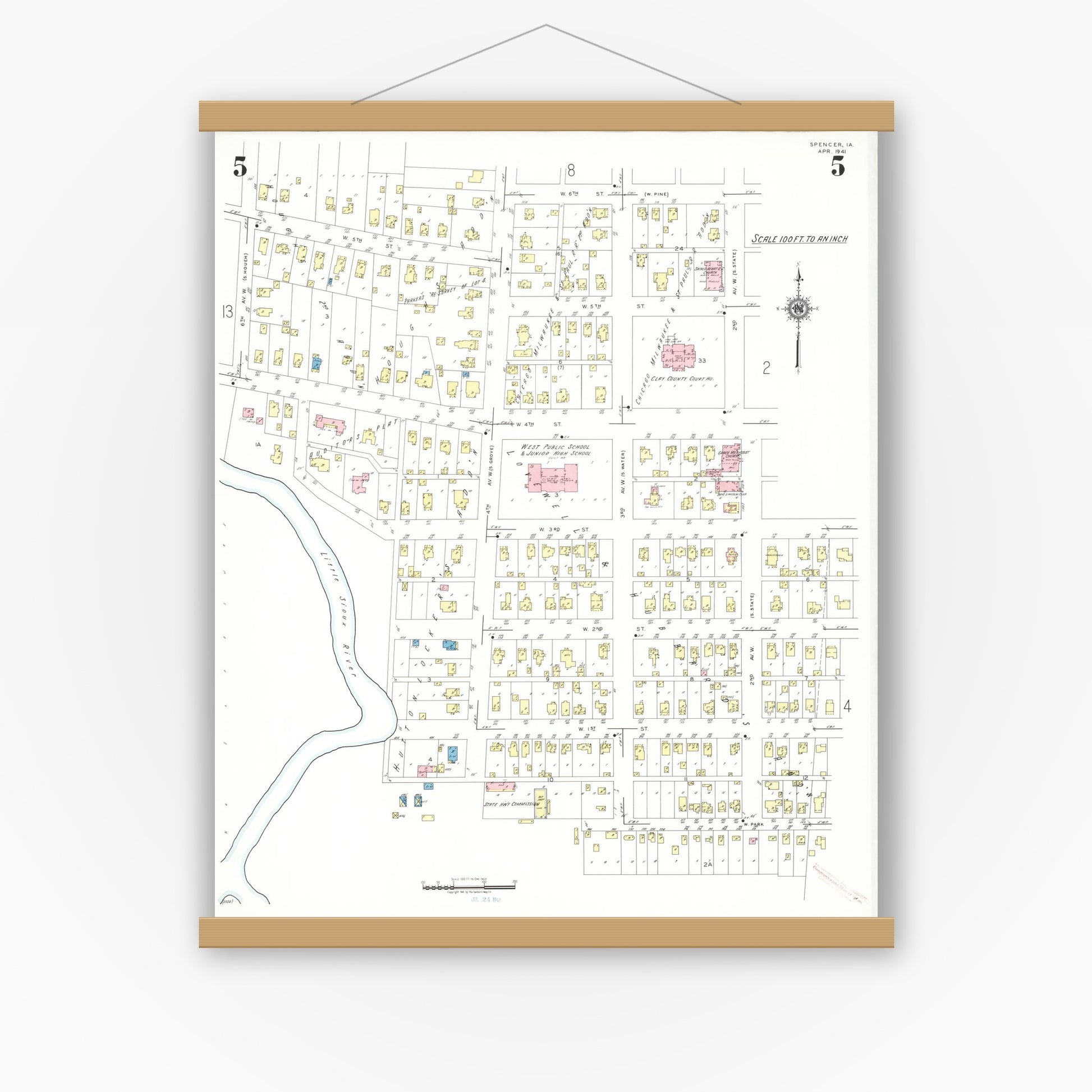Old map wall art mockup — magnetic wood frame on white wall — Sanborn Fire Insurance Map from Spencer, Clay County, Iowa (1941), Sheet #0005