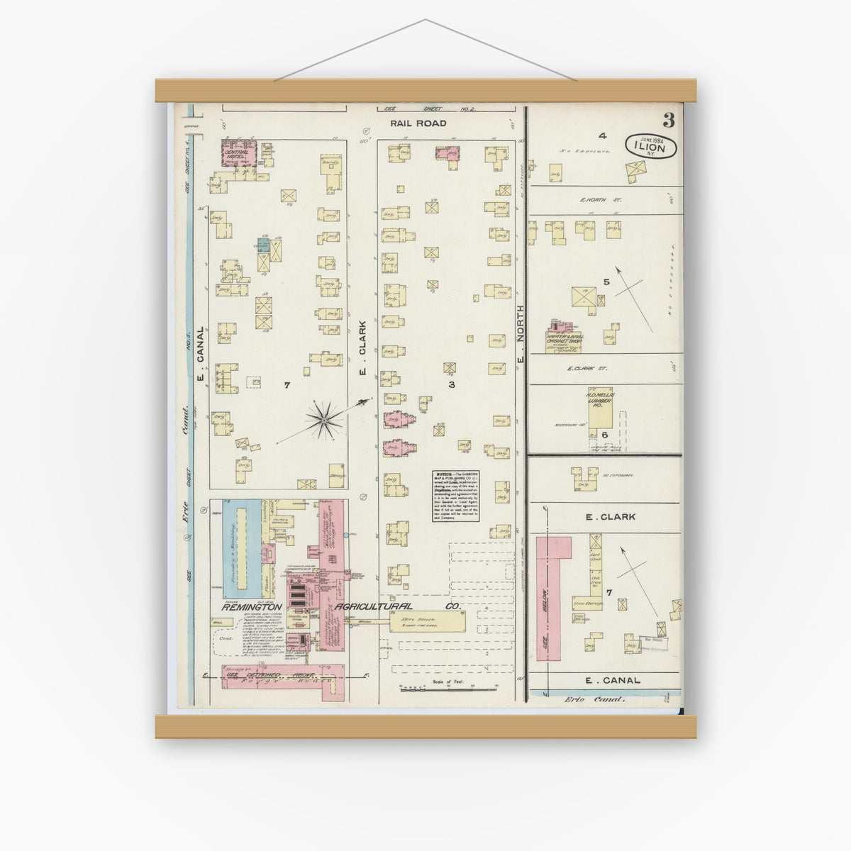 Old map wall art mockup — magnetic wood frame on white wall — Sanborn Fire Insurance Map from Ilion, Herkimer County, New York (1884), Sheet #0003