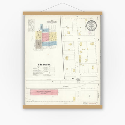 Old map wall art mockup — magnetic wood frame on white wall — Sanborn Fire Insurance Map from Biggs, Butte County, California (1902), Sheet #0001