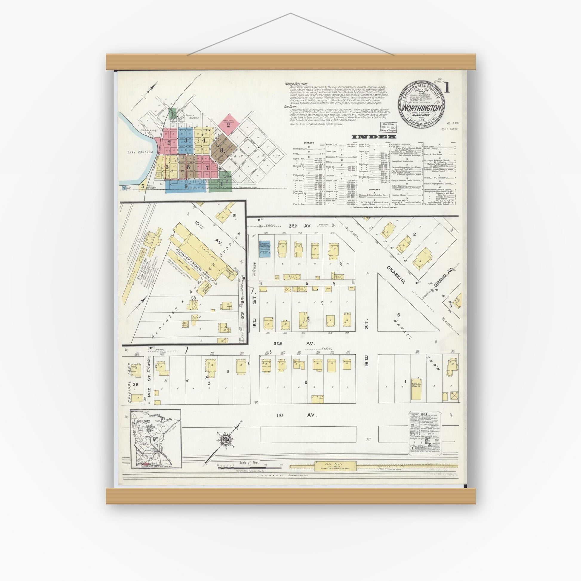 Old map wall art mockup — magnetic wood frame on white wall — Sanborn Fire Insurance Map from Worthington, Nobles County, Minnesota (1917) - Complete Map Set