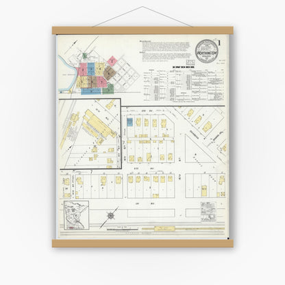 Old map wall art mockup — magnetic wood frame on white wall — Sanborn Fire Insurance Map from Worthington, Nobles County, Minnesota (1917) - Complete Map Set